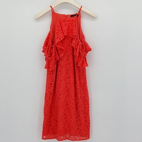 Trina Turk Lady Bug Roseville Ruffle Cold Shoulder Knit Lace Mini Dress Small - Picture 3 of 8